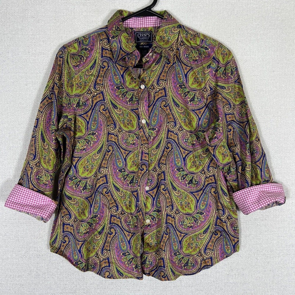 Chaps Ralph Lauren Paisley Button Up Top Womens Petite Large Non-Iron